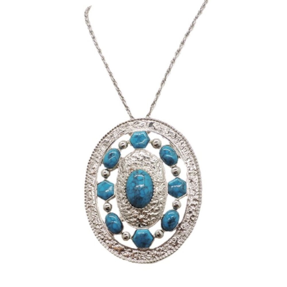 Vintage 1970s Signed Alice Caviness Cabochon Faux-Turquoise Pendant Necklace